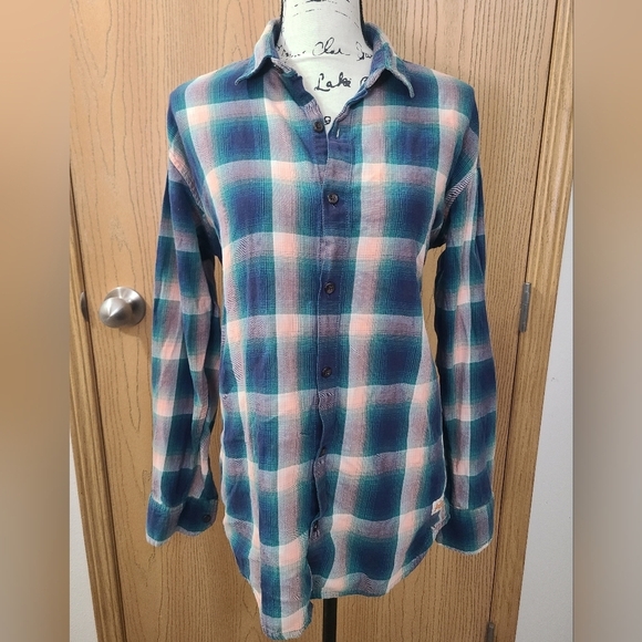 Superdry Tops - Superdry Blue Pink Plaid Flannel Button Up Shirt